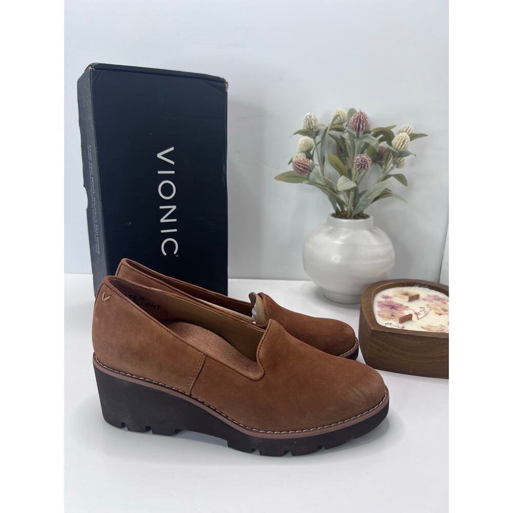 Vionic Willa Wedge Loafers Suede Slip On Shoes Brown Women 7.5 Medium Tried On